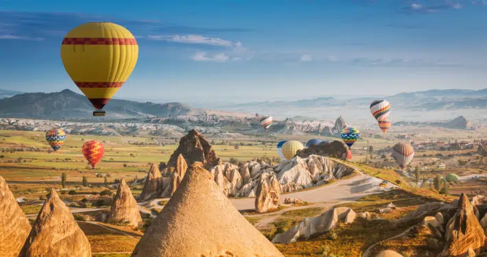 Hot air balloons flying over Cappadocia Turkey